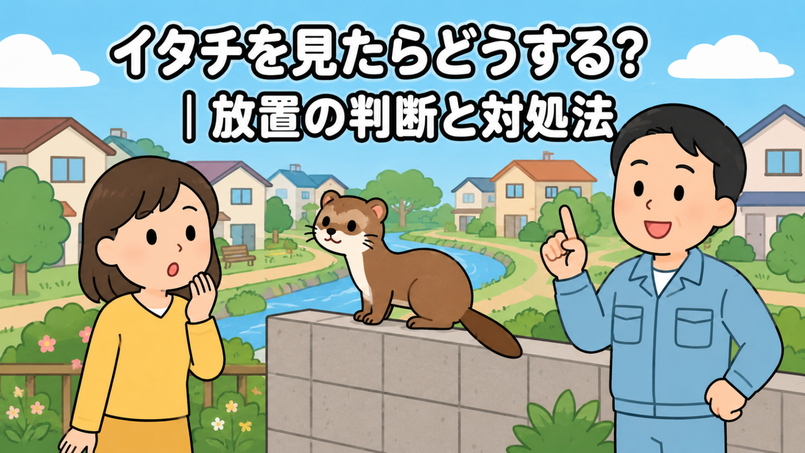 住宅街の川沿いを背景に、ブロック塀の上に座る茶色のイタチと目が合って驚く黄色い服の住民女性、人差し指を立てて落ち着いて対処法を案内する水色の作業服の男性を描いた、イタチを見たときの対応をあらわすいらすとや風イラスト
