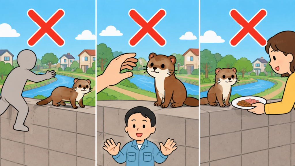 イタチを追いかける、素手で触ろうとする、餌の皿を差し出すという避けたい3つの行動それぞれに大きな赤いバツ印を重ね、中央下で両手を広げて制止する水色の作業服の男性を描いたいらすとや風イラスト