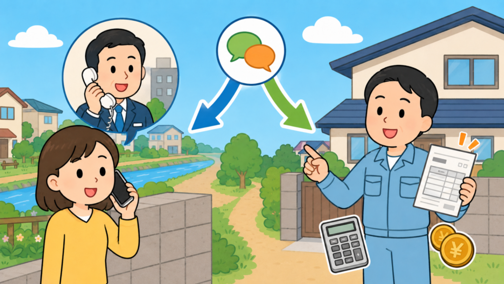 スマートフォンで自治体の窓口に相談する住民女性と、電話口で応対する職員、右側で見積書と電卓を手に費用を説明する水色の作業服の男性を並べ、相談先が2つあることを示したいらすとや風イラスト