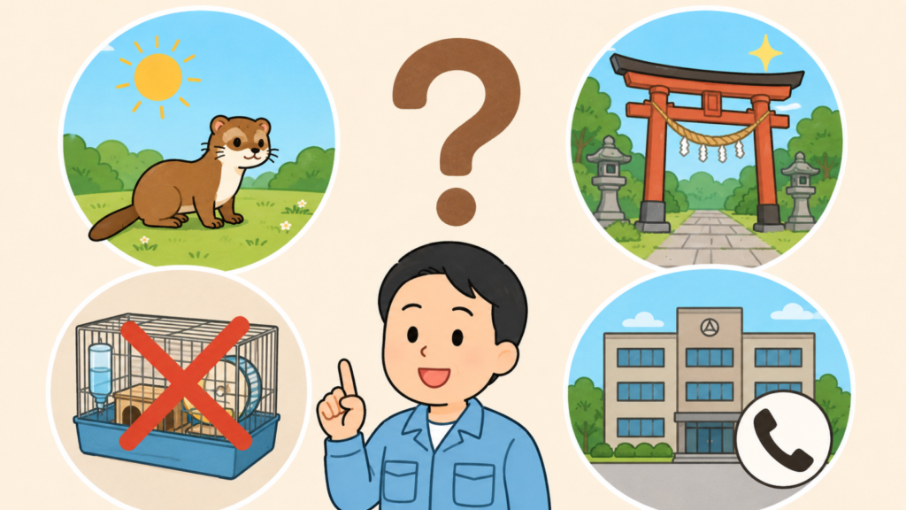 昼間に見かけたイタチ、縁起の言い伝えをあらわす鳥居、飼育できないことを示すバツ印付きのケージ、市役所と電話のアイコンを、大きなクエスチョンマークの周囲に配したよくある質問のいらすとや風イラスト