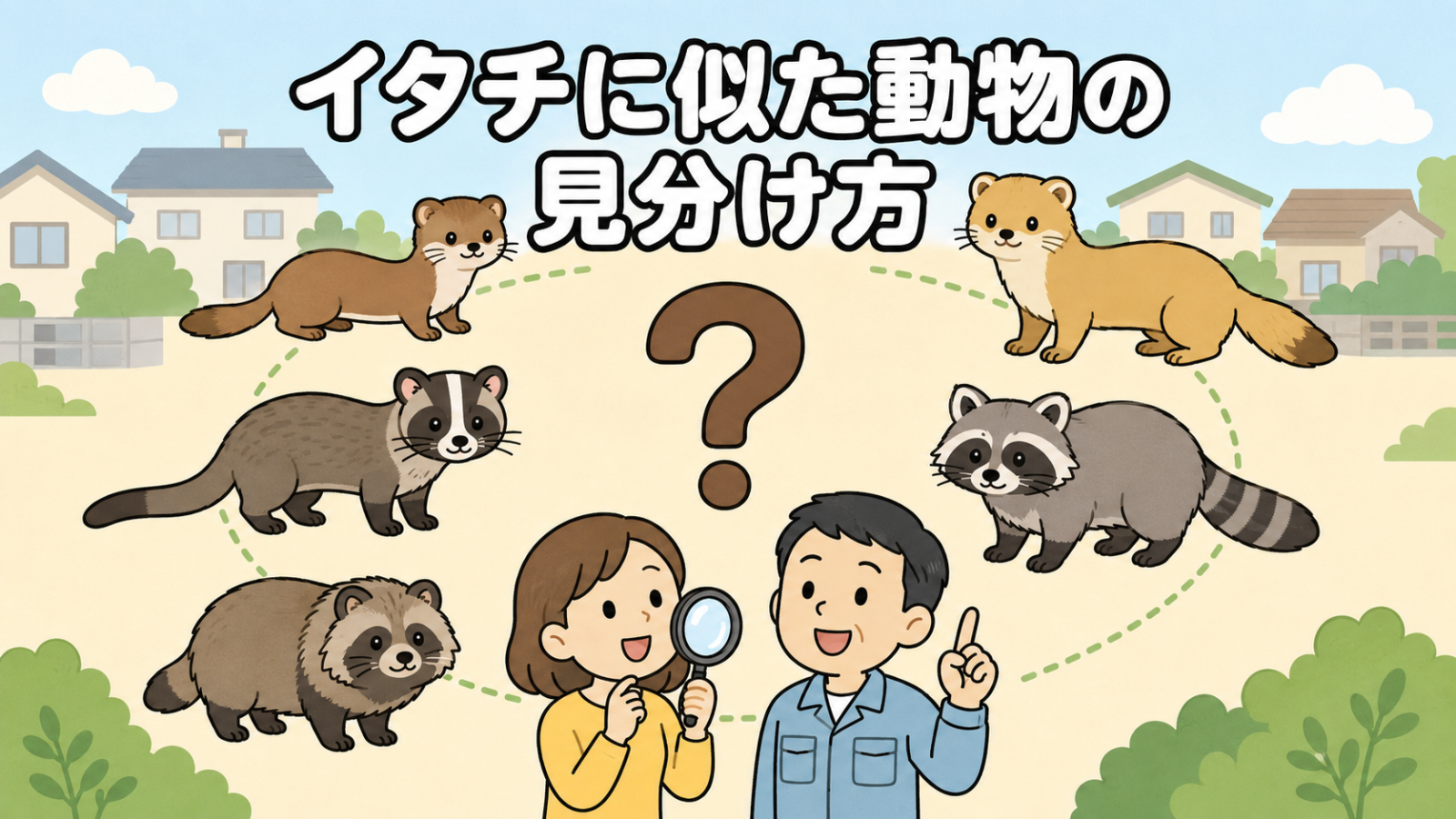 住宅街を背景に、細長いイタチ、黄色みのあるテン、白い鼻筋のハクビシン、しま尾のアライグマ、丸いタヌキを円形に並べ、中央のクエスチョンマークの下で虫眼鏡を持つ住民女性と解説する作業服の男性を描いたいらすとや風イラスト