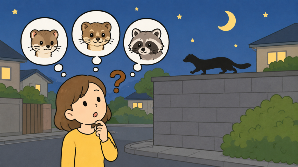 夜の住宅街で塀の上を走る動物の黒いシルエットを見上げ、イタチ・テン・アライグマのどれなのか判断がつかずに首をかしげる黄色い服の住民女性を、3つの候補の吹き出しとともに描いたいらすとや風イラスト