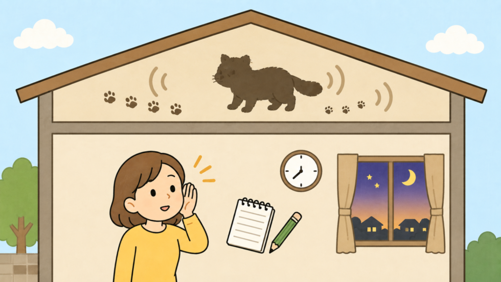 天井裏を走る動物の影に耳を澄ませてメモを取る黄色い服の住民女性と、足音の重さの違いをあらわす大小の波紋、夕暮れの窓と時計のアイコンを添えて音と時間帯の手掛かりを示したいらすとや風イラスト