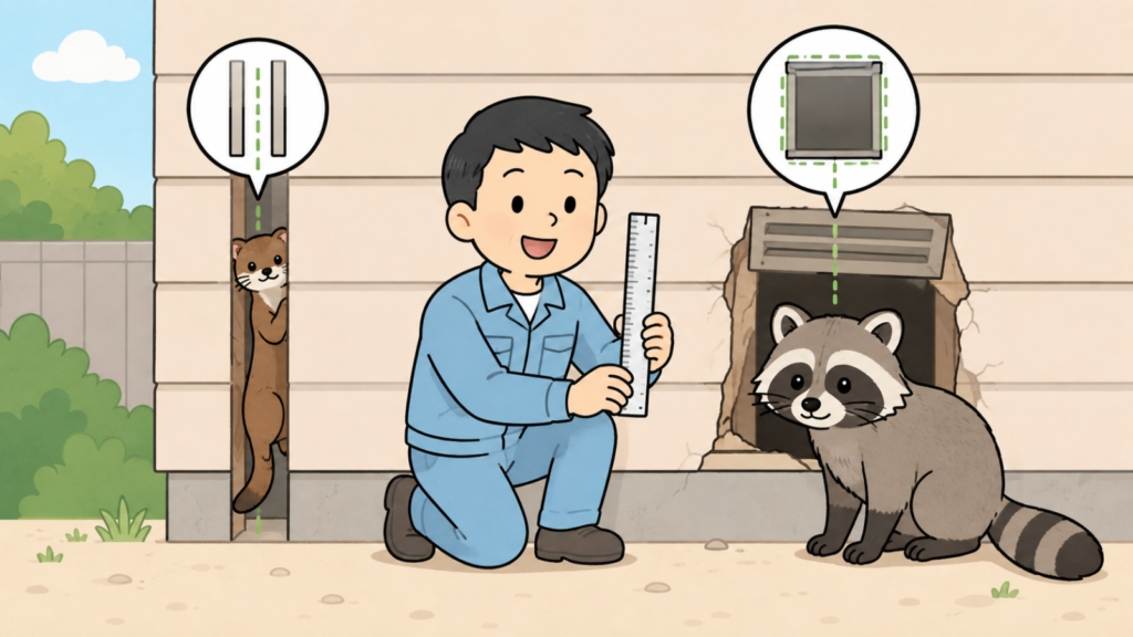住宅の外壁で、3センチほどの細い隙間をすり抜ける細長いイタチと、大きく壊れた換気口の前に座る中型のアライグマを左右に対比し、中央で定規を持って隙間の大きさを測る作業服の男性を描いたいらすとや風イラスト