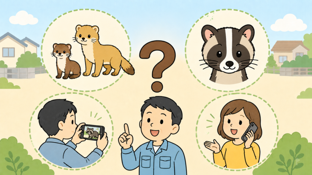 イタチとテンの大きさ比べ、ハクビシンの白い鼻筋、スマートフォンでの記録、電話での相談という4つの場面を、中央の大きなクエスチョンマークの周囲に配した見分け方のよくある質問のいらすとや風イラスト