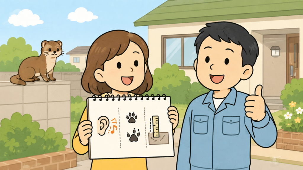 明るい住宅の前で、音と足あとと隙間の3つのアイコンを記したメモ帳を手に笑顔で確認する黄色い服の住民女性と親指を立てる作業服の男性、塀の上に座る正体だったかわいいイタチを描いたいらすとや風イラスト