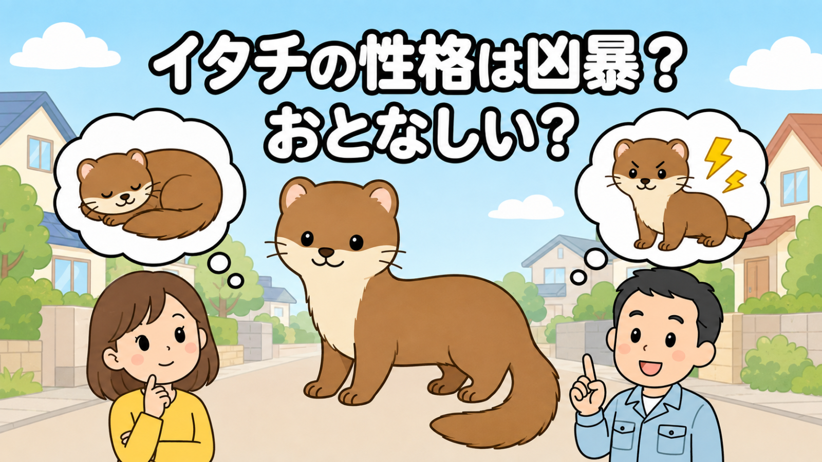 住宅街を背景に、おだやかな寝顔のイタチときりっとした表情のイタチを左右の吹き出しで対比し、中央に立つ茶色のイタチと、首をかしげる住民女性、解説する水色の作業服の男性を描いたいらすとや風イラスト