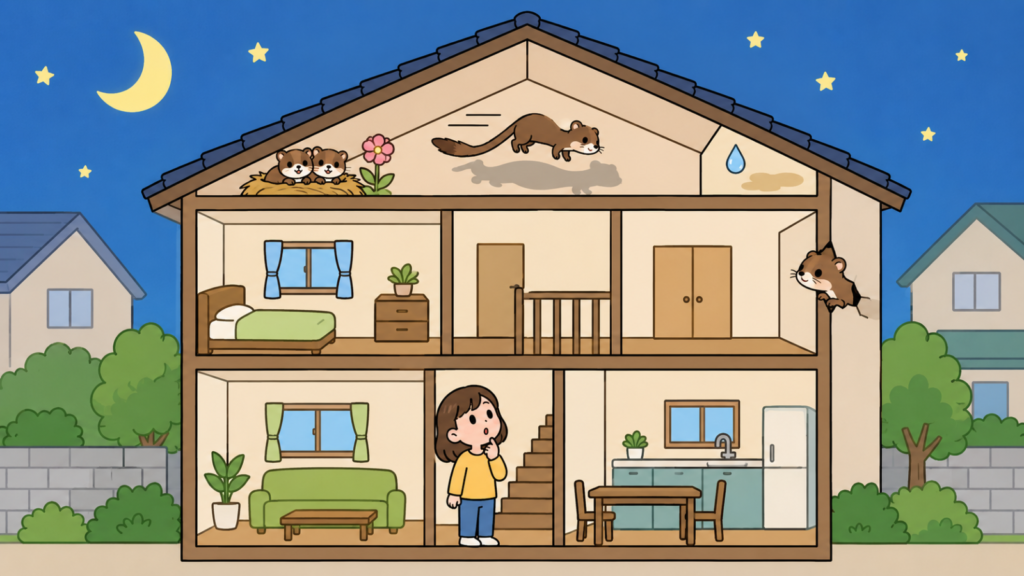 家の断面図に、夜間の足音、天井のしみ、塞ぎ残した隙間からの再侵入、屋根裏の幼獣という4つの被害パターンをアイコンで配置し、天井を見上げて気づく住民女性を描いたいらすとや風イラスト