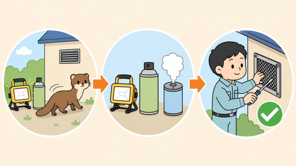 忌避剤と光を嫌って離れていくイタチ、複数のグッズを組み合わせて並べた図、換気口に金網を取り付ける作業服の男性の3コマを矢印でつないだ、追い出しのコツをあらわすいらすとや風イラスト