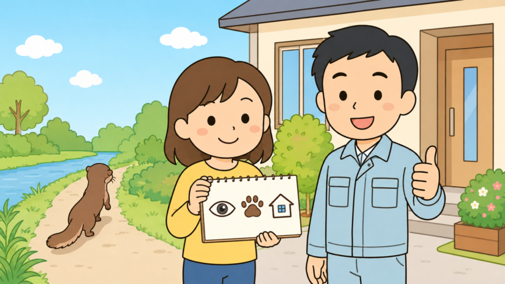 明るい住宅の前で、目と足あとと家のアイコンを記したメモ帳を手に笑顔でうなずく黄色い服の住民女性と親指を立てる作業服の男性、川沿いの緑地へ帰っていくイタチの後ろ姿を描いたいらすとや風イラスト
