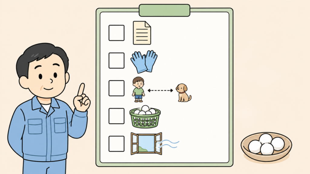 表示ラベル、ゴム手袋、子どもとペット、回収かご、開いた窓の5つのアイコンを並べたチェックリストの紙と、人差し指を立てて使用時の注意点を説明する水色の作業服の男性を描いたいらすとや風イラスト