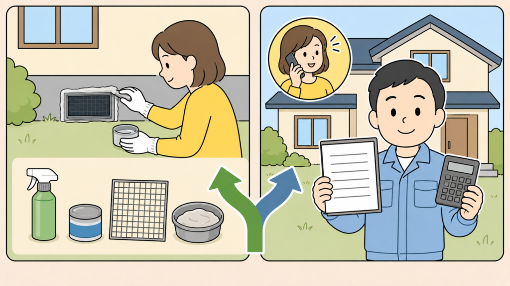 忌避剤スプレーと金網を手に自分で対処する黄色い服の住民女性と、見積書と電卓を手に費用を説明する水色の作業服の男性を並べ、2つの選択肢があることを矢印で示したいらすとや風イラスト