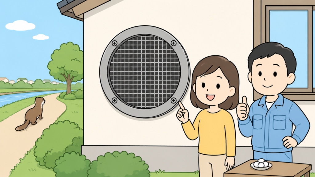 金網で封鎖された換気口を大きく主役として描き、指さして笑顔で確認する住民女性と親指を立てる作業服の男性、手前の小さな白い玉の小皿と川沿いへ帰っていくイタチを添えたいらすとや風イラスト