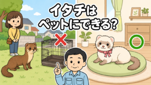 屋外で自由に立つ野生のイタチとバツ印付きの空のケージ、室内でくつろぐリボンの首輪のフェレットに緑の丸印を左右で対比し、解説する水色の作業服の男性を描いた、イタチをペットにできるかをあらわすいらすとや風イラスト