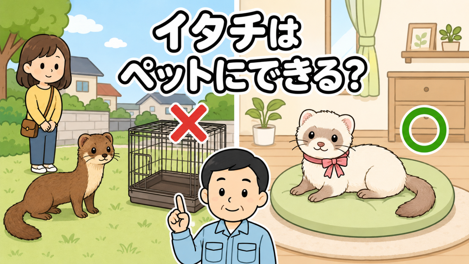 屋外で自由に立つ野生のイタチとバツ印付きの空のケージ、室内でくつろぐリボンの首輪のフェレットに緑の丸印を左右で対比し、解説する水色の作業服の男性を描いた、イタチをペットにできるかをあらわすいらすとや風イラスト