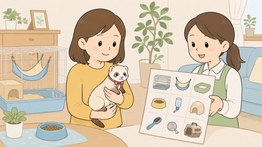 明るい室内でリボンの首輪をつけた白っぽいフェレットを抱いて微笑む黄色い服の住民女性と、ケージやハンモックなどの飼育用品、購入前の説明をするペットショップの店員を描いたいらすとや風イラスト