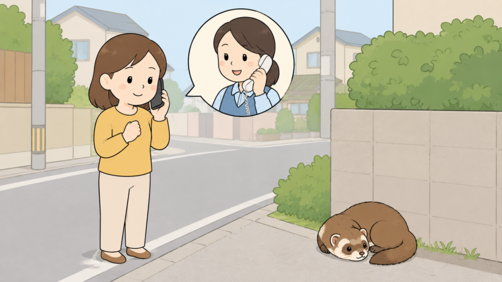 道ばたでうずくまる小さなイタチに触らず、距離を保ってスマートフォンで自治体の窓口へ電話をかける黄色い服の住民女性と、電話口で応対する職員を描いた、弱った個体への対応をあらわすいらすとや風イラスト