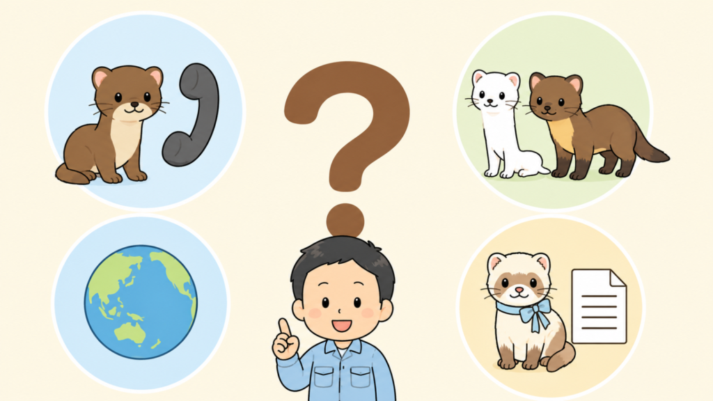 幼獣のイタチと電話、オコジョとテンのシルエット、地球儀、フェレットと書類という4つの場面を、中央の大きなクエスチョンマークの周囲に配したイタチとペットのよくある質問のいらすとや風イラスト