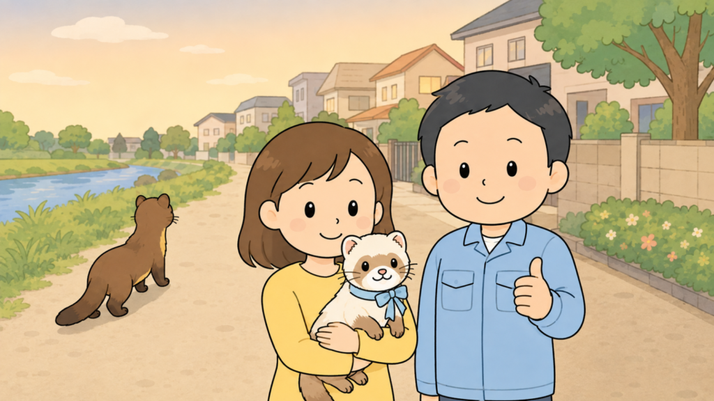 夕方の住宅街でリボンの首輪のフェレットを抱く黄色い服の住民女性と親指を立てる水色の作業服の男性、川沿いの緑地へ帰っていく野生のイタチの後ろ姿を描いた、人と野生の距離感をあらわすいらすとや風イラスト