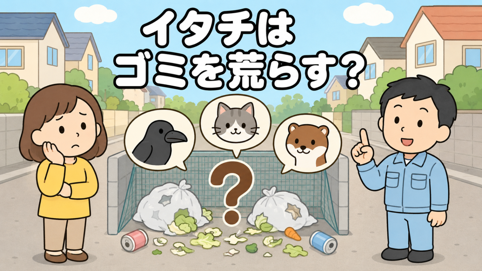 散乱したゴミ袋の前で困る黄色い服の住民女性と、カラス・猫・イタチの3つの吹き出しと大きなクエスチョンマークを置き、犯人が特定できないことを表して解説する作業服の男性を描いたいらすとや風イラスト