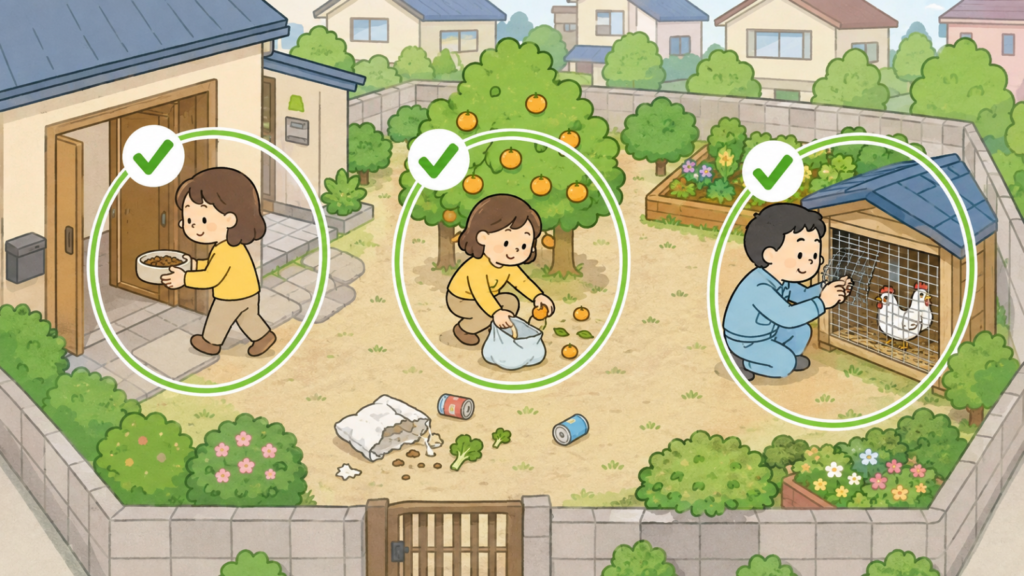 屋外のペットフードを片付ける住民女性、果樹の落果を拾って袋に入れる場面、鶏のケージの金網を点検する作業服の男性の3つをチェックマーク付きで並べた、餌を断つ追加対策のいらすとや風イラスト
