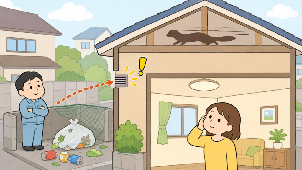 ごみ置き場から家へ向かう点線の矢印と、天井裏を走る動物の影、換気口の隙間の注意マークを家の断面図に配置し、天井を見上げて耳を澄ます住民女性を描いた、住み着きのサインをあらわすいらすとや風イラスト