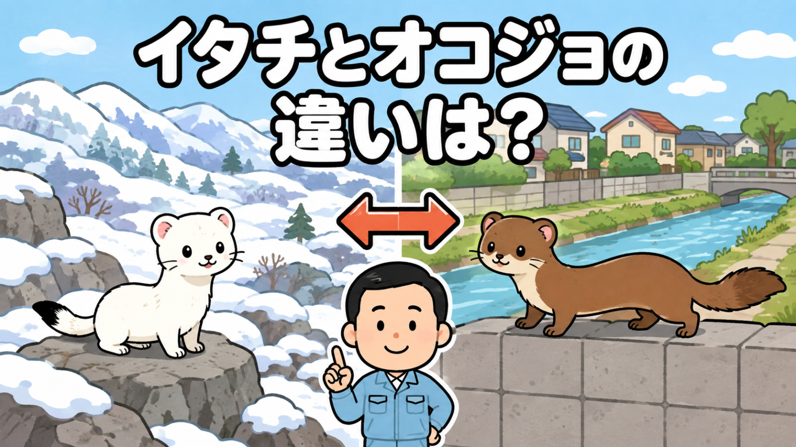 雪の残る山地の岩場に立つ白い冬毛のオコジョと、住宅街の川沿いの塀を歩く茶色のイタチを左右で対比し、中央で解説する水色の作業服の男性を描いた、イタチとオコジョの違いをあらわすいらすとや風イラスト