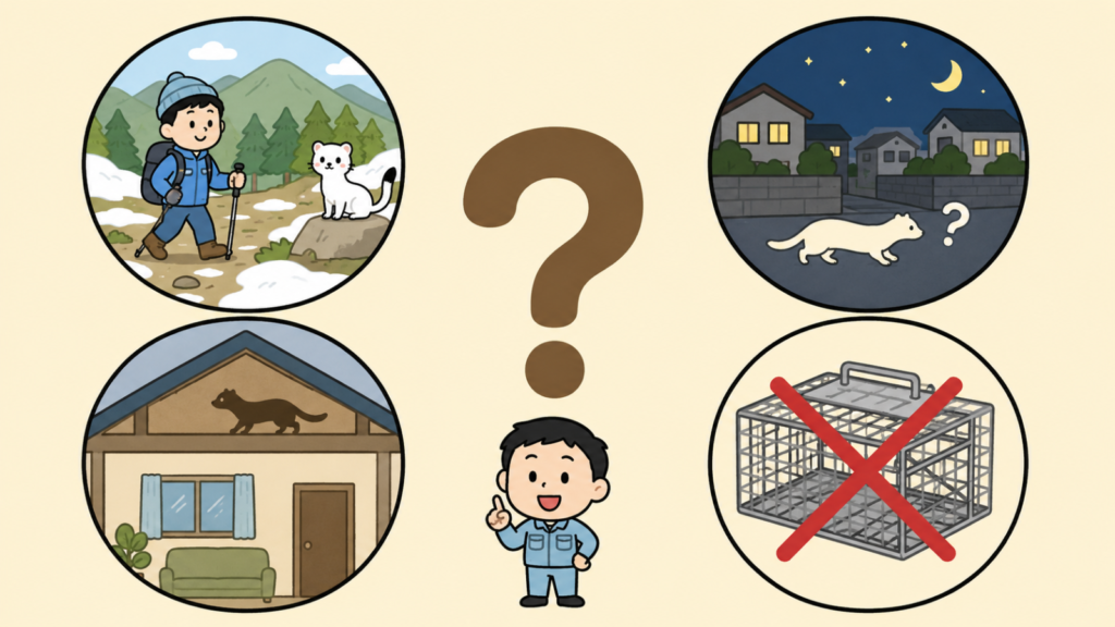 雪山と登山者とオコジョ、夜の住宅街の白っぽい動物のシルエット、家の断面図と天井裏の影、バツ印付きの空の捕獲器という4つの場面を、中央のクエスチョンマークの周囲に配したよくある質問のいらすとや風イラスト