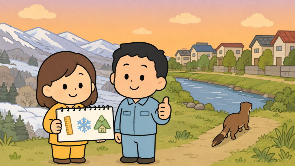 定規と雪の結晶と山と家のアイコンを記したメモ帳を手に笑顔でうなずく黄色い服の住民女性と親指を立てる作業服の男性、遠くの雪山と住宅街の緑地へ帰るイタチを描いた、違いのまとめをあらわすいらすとや風イラスト