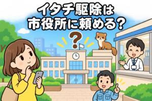 時計と旗のある市役所の庁舎と大きなクエスチョンマークを中央に、スマートフォンを手に見上げる黄色い服の住民女性と窓口で応対する職員、屋根の上のイタチを描いた、市役所に駆除を頼めるかをあらわすいらすとや風イラスト