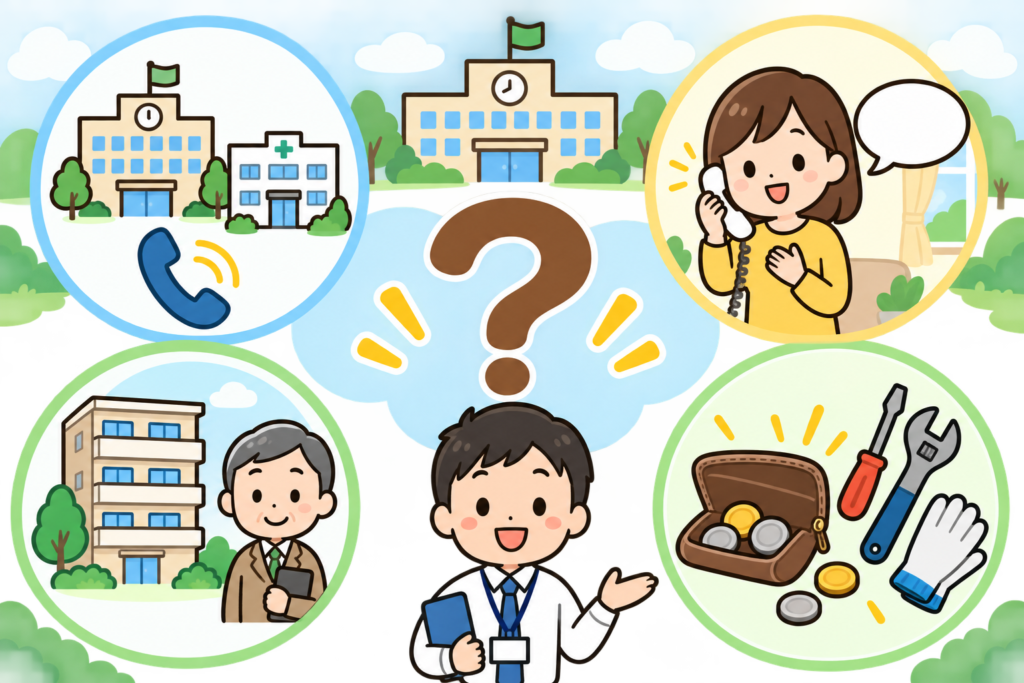 市役所と保健所の建物と電話、電話で話す住民女性、アパートと大家、財布と作業道具という4つの場面を、中央の大きなクエスチョンマークの周囲に配したよくある質問のいらすとや風イラスト