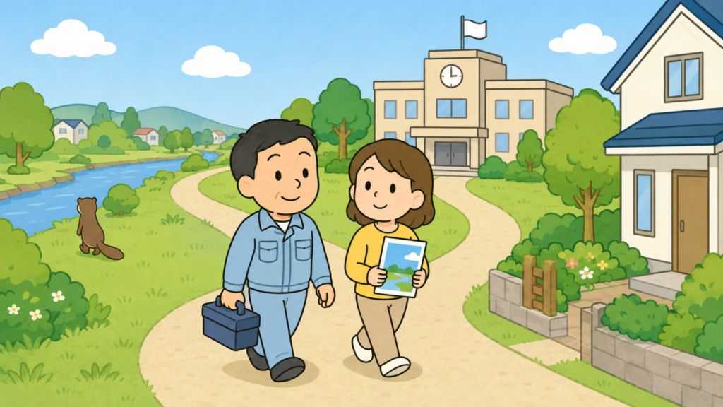 市役所の庁舎と住宅を結ぶ道の途中で、案内を手にした黄色い服の住民女性と工具箱を持つ水色の作業服の男性が笑顔で合流し、川沿いへ帰るイタチを添えた役割分担のまとめをあらわすいらすとや風イラスト