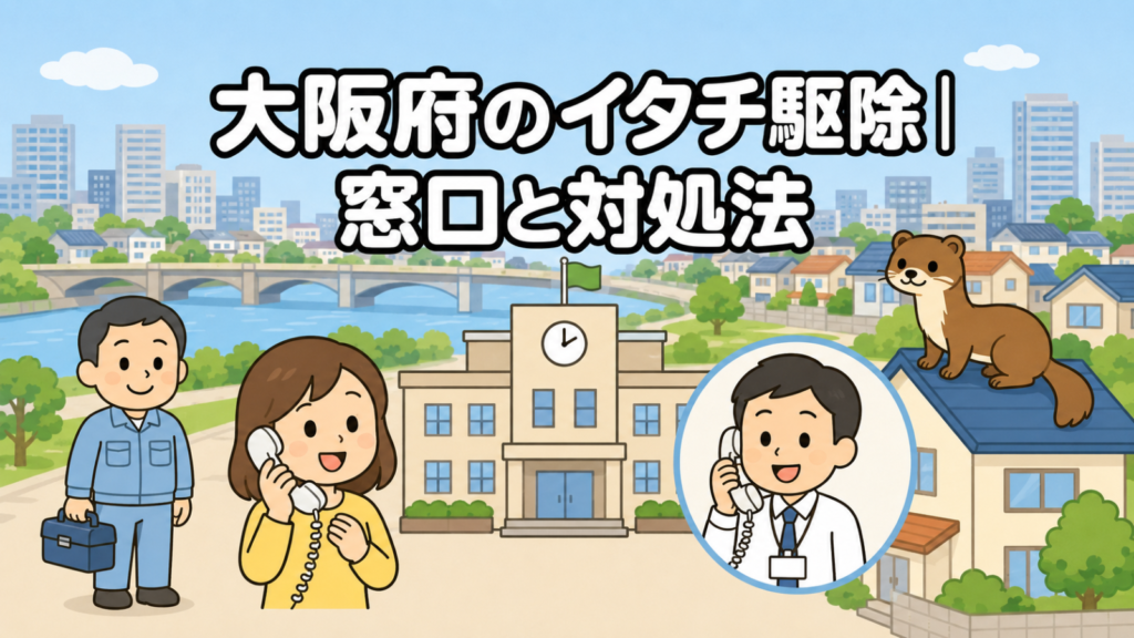 川と橋のある街並みを背景に、市役所へ電話で相談する黄色い服の住民と受話器を持って応対する職員、住宅の屋根に座るイタチ、工具箱を持つ水色の作業服の作業員を描いた、大阪府のイタチ駆除の窓口と対処法を表すいらすとや風イラスト