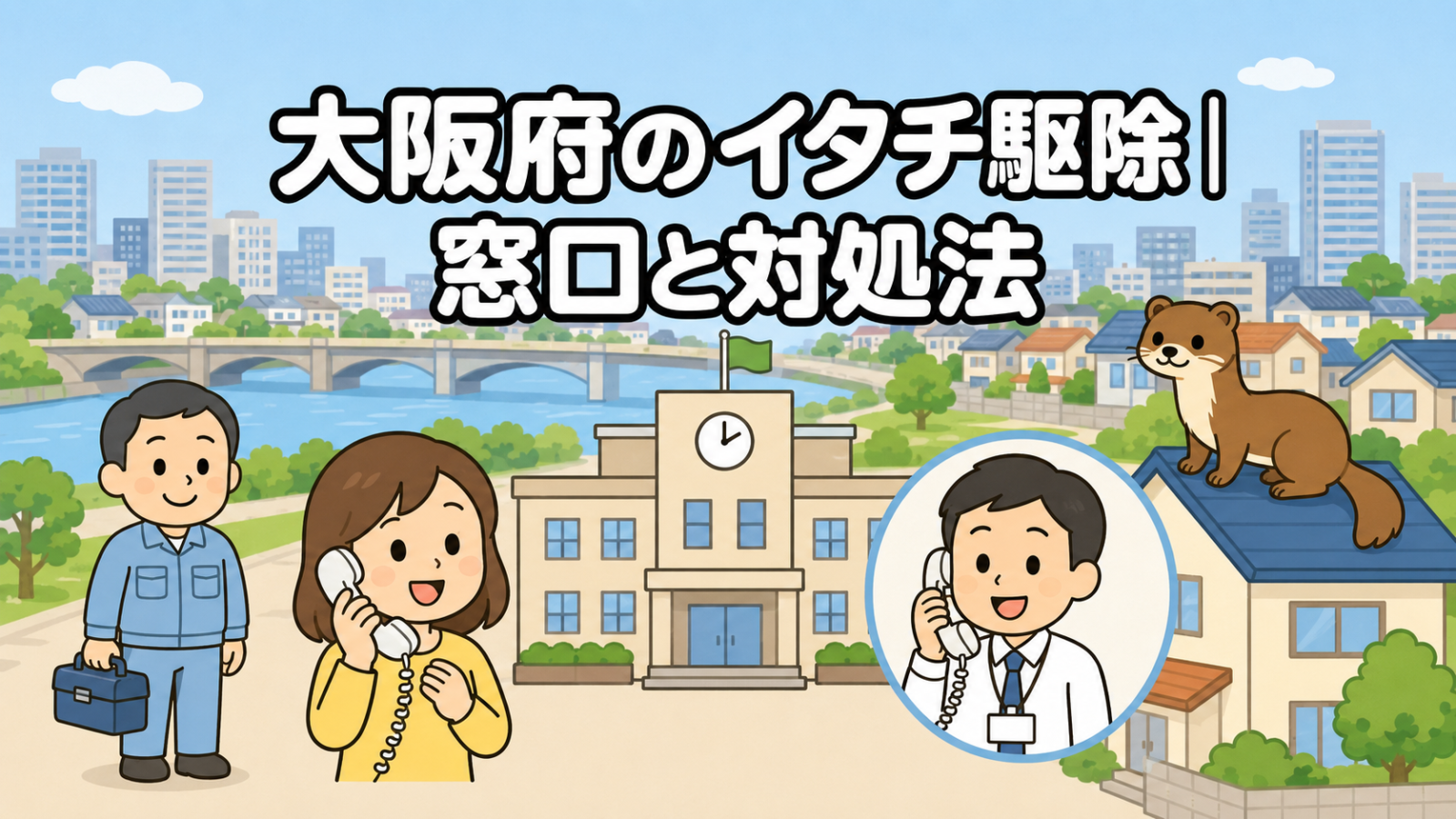 川と橋のある街並みを背景に、市役所へ電話で相談する黄色い服の住民と受話器を持って応対する職員、住宅の屋根に座るイタチ、工具箱を持つ水色の作業服の作業員を描いた、大阪府のイタチ駆除の窓口と対処法を表すいらすとや風イラスト