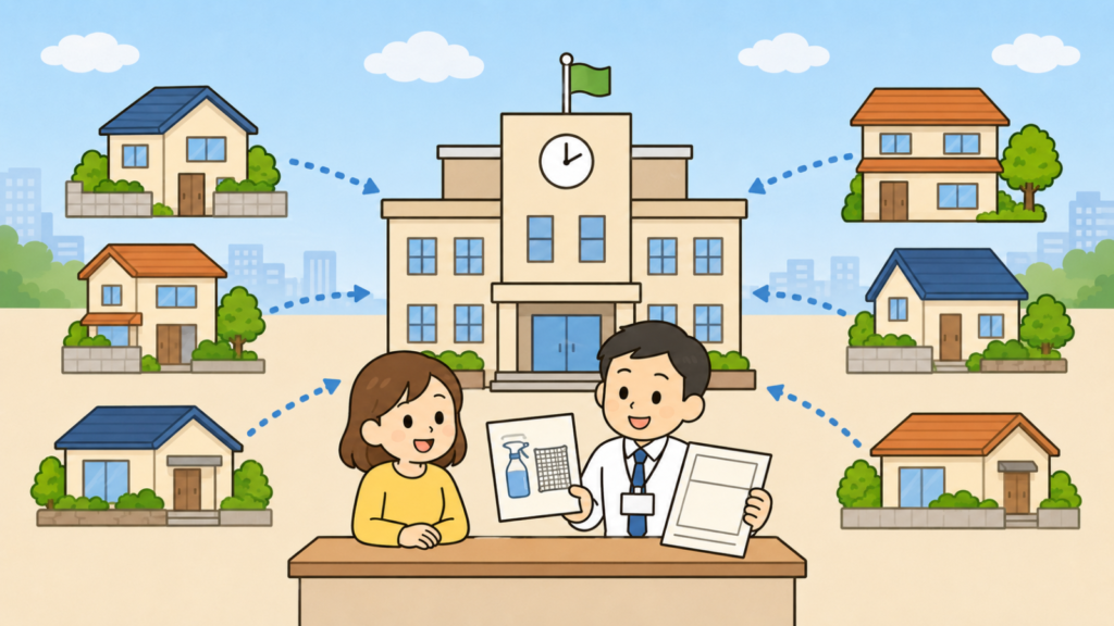 時計と旗のある市役所の庁舎で対処法のパンフレットと許可の書類を案内する職員と話を聞く黄色い服の住民を描き、周囲の家々から庁舎へ点線の矢印を伸ばして、大阪府ではまず市町村窓口へ相談する流れを表したいらすとや風イラスト