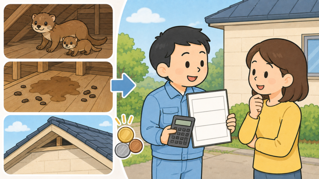 天井裏の幼獣の親子や広がる糞尿のしみ、高い屋根の隙間といった困りごとの3コマと、見積書と電卓を手に説明する作業員と話を聞く住民を描き、業者に頼むべきケースと費用の相談を表したいらすとや風イラスト