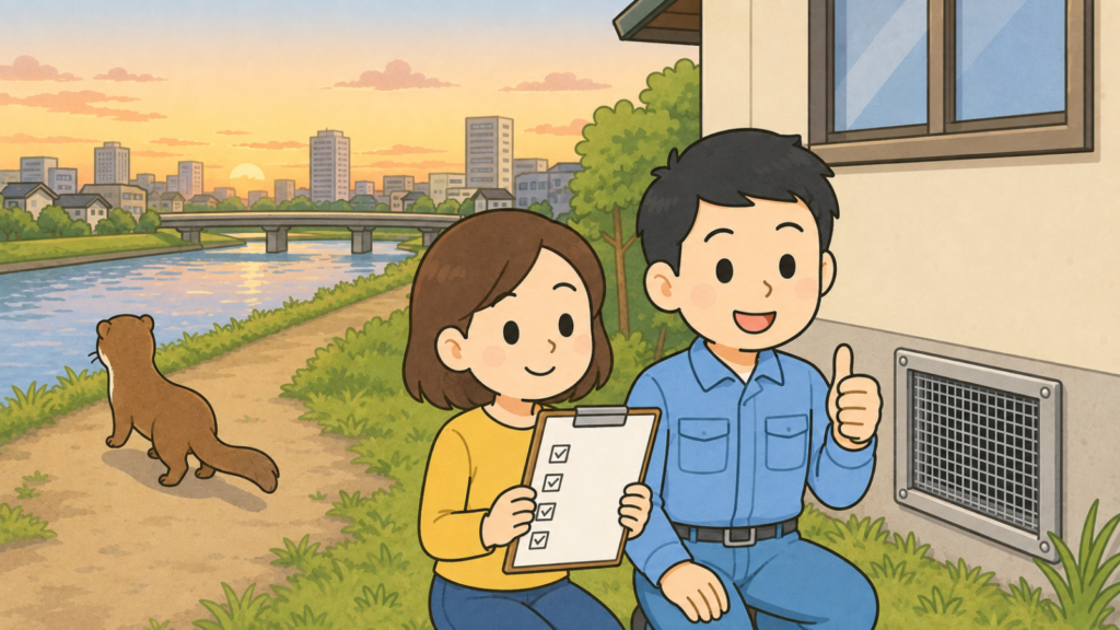 夕方の川と橋のある街並みを背景に、金網で封鎖された換気口のある家の前でチェックリストを確認する住民と親指を立てる作業員、川沿いの緑地へ帰っていくイタチを描いた、市町村窓口を起点にした対処のまとめを表すいらすとや風イラスト