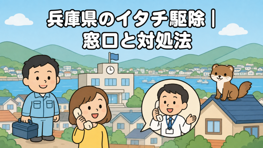兵庫県のイタチ駆除の窓口と対処法を紹介するメインイラスト。山と海が近い兵庫の街並みを背景に、市役所へ電話で相談する住民の女性と笑顔で応対する職員、屋根の上にちょこんと座るかわいいイタチ、工具箱を持った作業員の男性が描かれている。