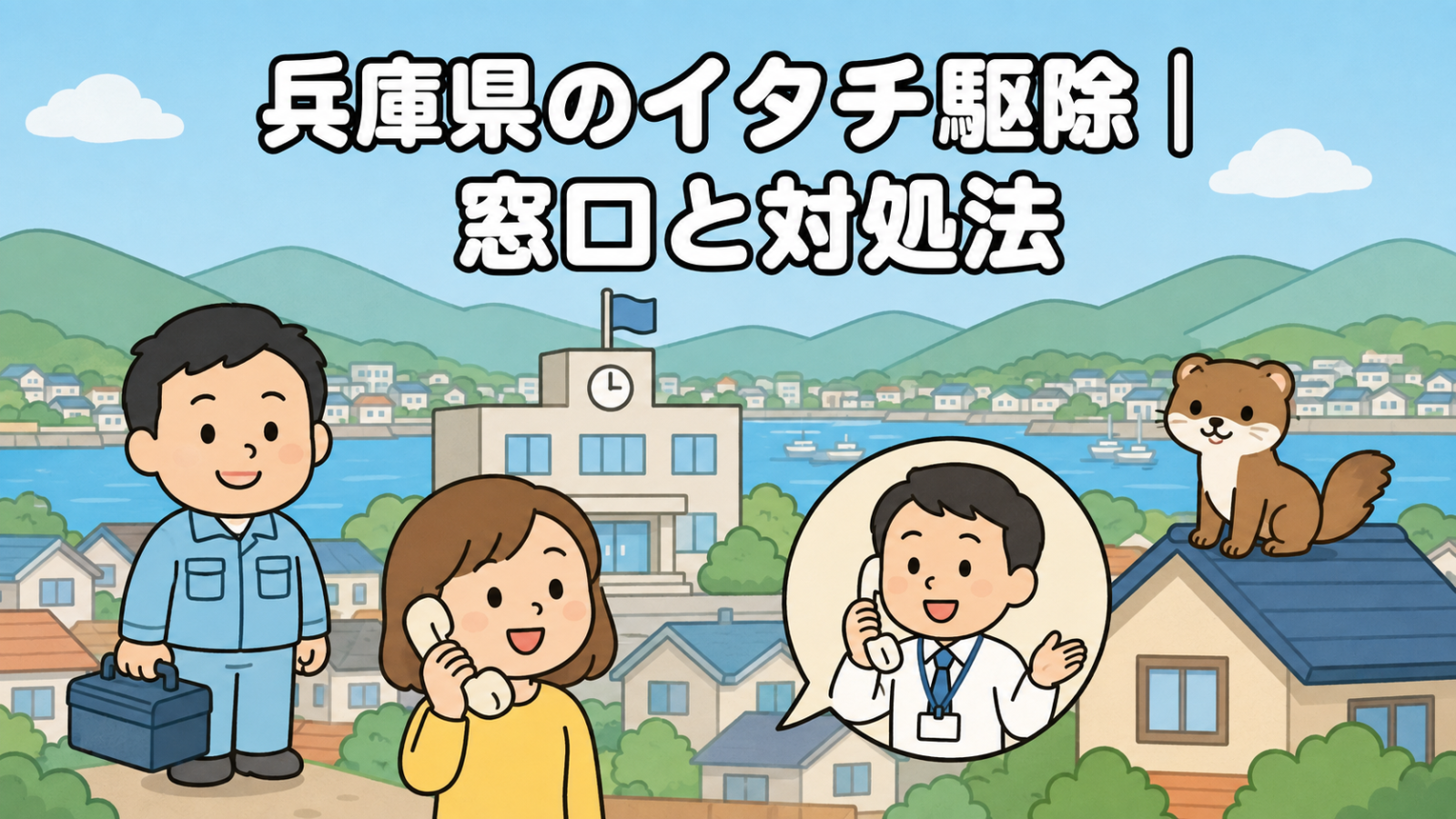 兵庫県のイタチ駆除の窓口と対処法を紹介するメインイラスト。山と海が近い兵庫の街並みを背景に、市役所へ電話で相談する住民の女性と笑顔で応対する職員、屋根の上にちょこんと座るかわいいイタチ、工具箱を持った作業員の男性が描かれている。