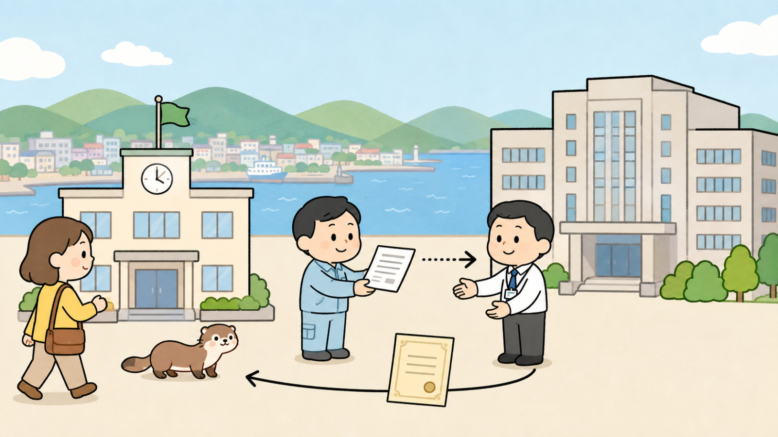兵庫県のイタチ捕獲許可の役割分担を示す図解。左の時計と旗のある市役所へ住民の女性が相談に向かい、申請書類が点線の矢印で右の大きな県庁の庁舎へ渡り、許可証が市役所側へ戻る流れを描いている。市役所の前には小さなイタチが1匹いる。