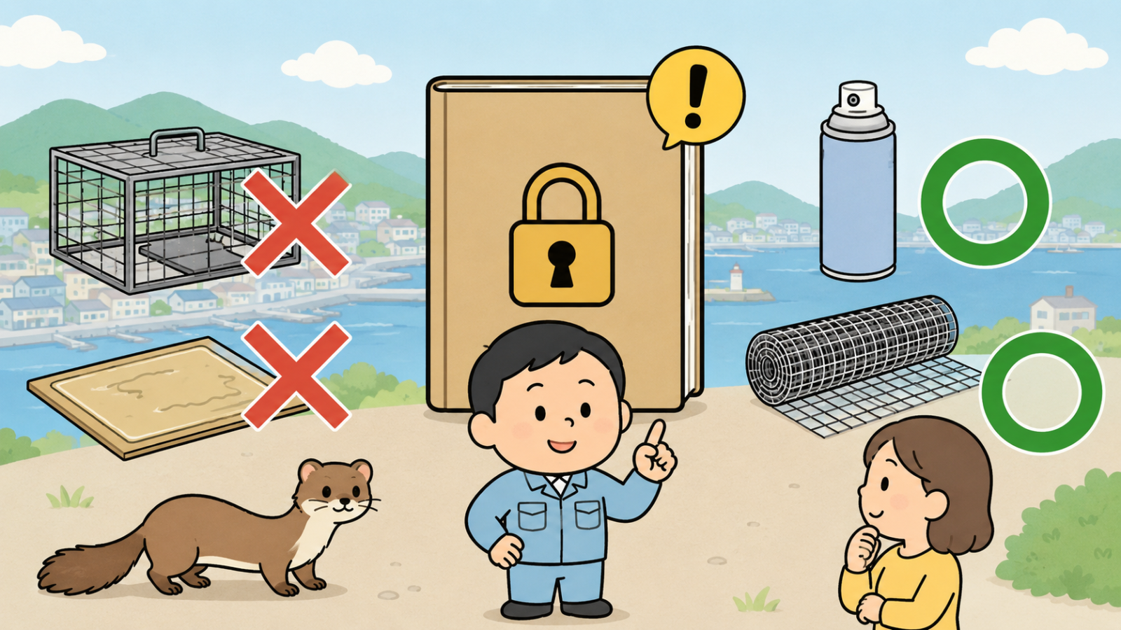イタチは勝手に捕獲できないことを示す図解。中央に錠前の付いた法律の本と注意マーク、左の空の捕獲器と粘着シートには赤いバツ印、右の忌避剤スプレーと金網には許可なしでできる行為を表す緑の丸マークが添えられている。