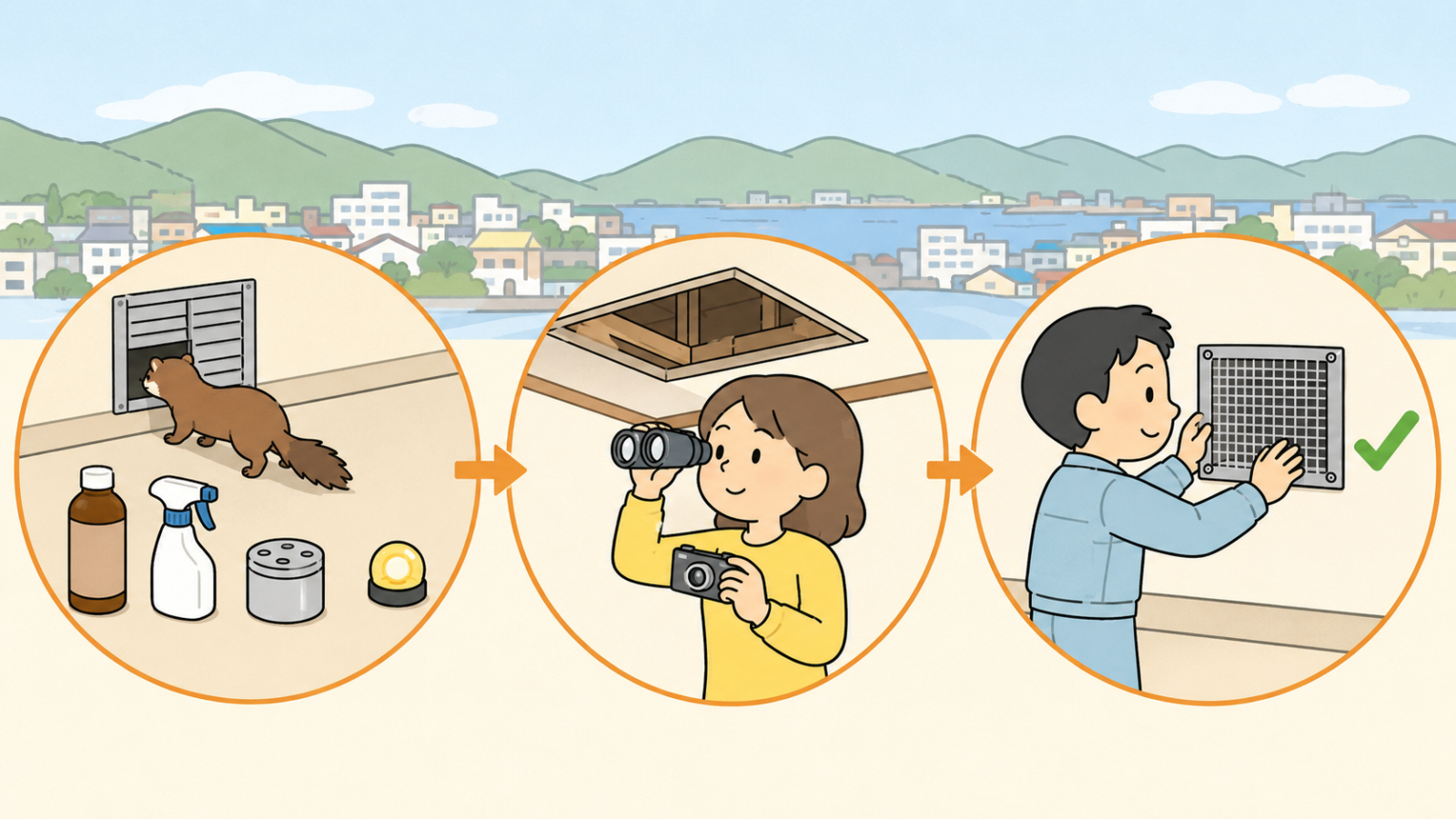 自分でできる追い出しと再侵入防止の3ステップ図。木酢液や忌避剤・くん煙剤・点滅ライトのそばで換気口から自分から出ていくイタチの後ろ姿、双眼鏡とカメラで天井裏を確かめる女性、換気口に金網を取り付ける作業員の順に矢印でつながる。