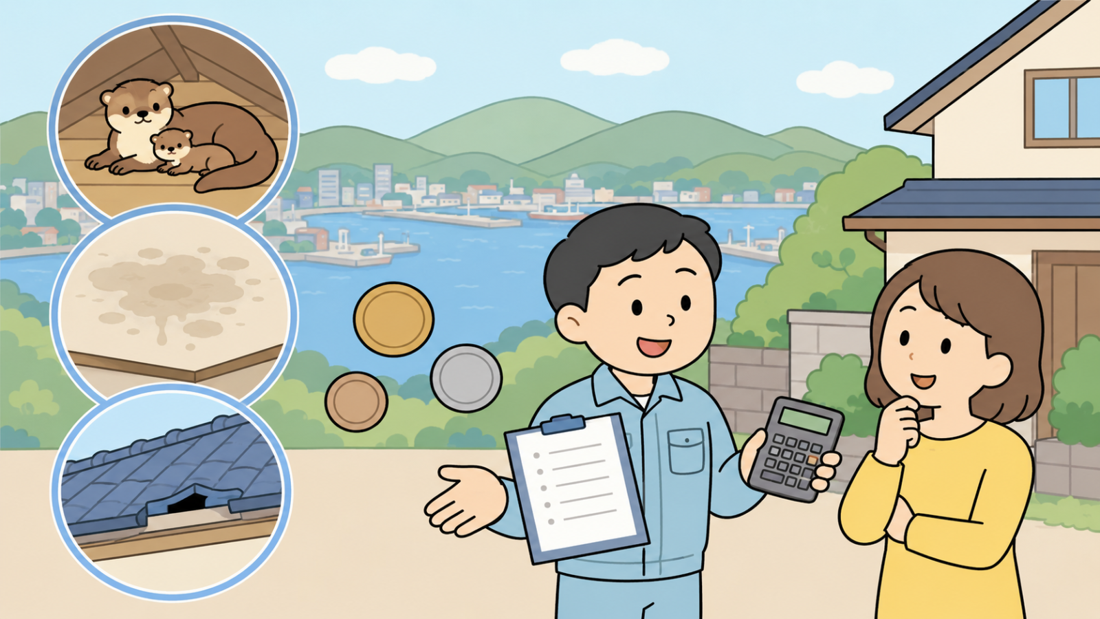 業者に頼むべきケースと費用の目安を示すイラスト。天井裏の幼獣の親子・広がる糞尿のしみ・屋根の高い場所の隙間という3つの困りごとのコマと、見積書と電卓を手に説明する作業員の男性、話を聞く住民の女性、硬貨のアイコンが描かれている。