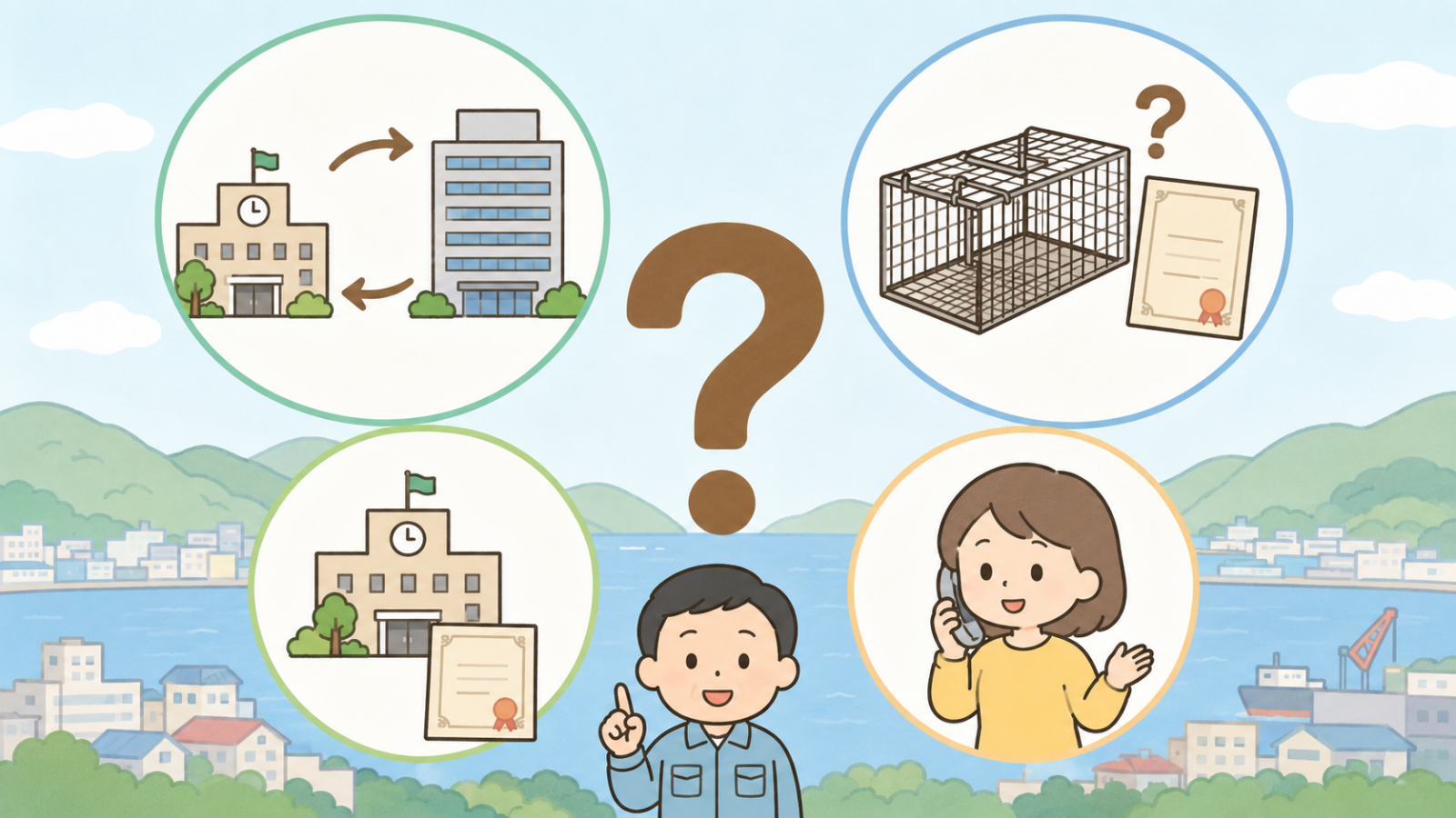 兵庫県のイタチ駆除のよくある質問を表す図。大きなはてなマークのまわりに、市役所と県庁の間の矢印、空の箱わなと許可証、市が許可を出す例を表す庁舎と許可証、電話で相談する女性の4つのコマが並び、下で作業員の男性が答えている。