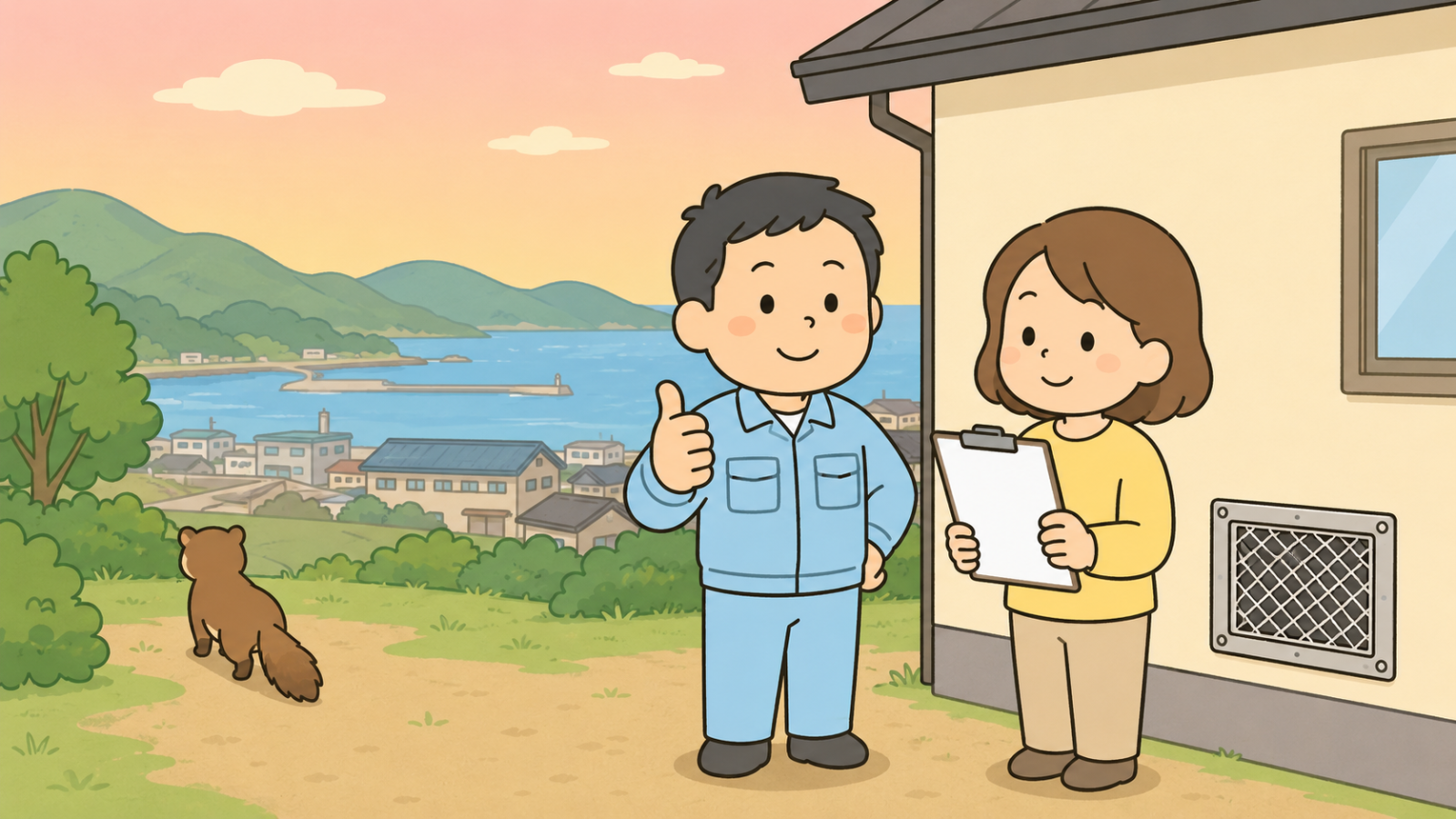 対処を終えて安心した様子のまとめイラスト。金網で封鎖された換気口のある家の前でチェックリストを持つ住民の女性と親指を立てる作業員の男性が立ち、夕方の山と海を背景に、イタチが緑地へふさふさの尾を見せながら歩いて帰っていく。