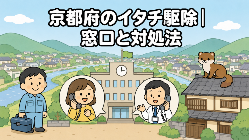 盆地を囲む山並みと川、低層の町並みを背景に、市役所へ電話で相談する黄色い服の住民と受話器を持って応対する職員、瓦屋根に座るイタチ、工具箱を持つ水色の作業服の作業員を描いた、京都府のイタチ駆除の窓口と対処法を表すいらすとや風イラスト