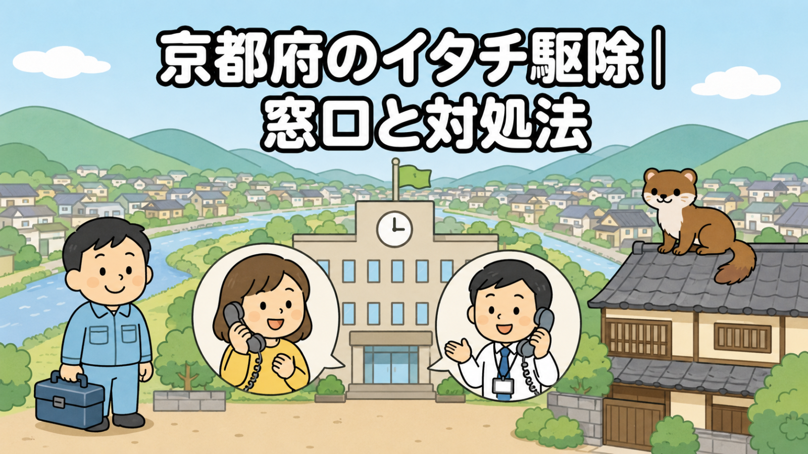 盆地を囲む山並みと川、低層の町並みを背景に、市役所へ電話で相談する黄色い服の住民と受話器を持って応対する職員、瓦屋根に座るイタチ、工具箱を持つ水色の作業服の作業員を描いた、京都府のイタチ駆除の窓口と対処法を表すいらすとや風イラスト