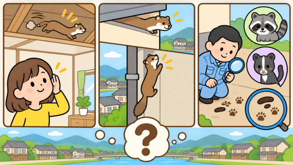 天井裏を走るイタチの足音に耳を澄ます住民、細い隙間をすり抜け壁を登るイタチ、糞と足あとを虫眼鏡で調べる作業員とアライグマ・ハクビシンの顔を並べた3コマで、イタチを見分けるサインを表したいらすとや風イラスト