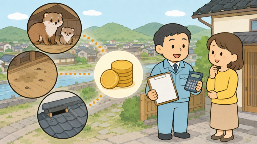 天井裏の幼獣の親子や床に広がるしみ、瓦屋根の隙間という困りごとの3コマと硬貨のアイコンを添え、見積書と電卓を手に説明する作業員と話を聞く住民を描いた、業者に頼むべきケースと費用の目安を表すいらすとや風イラスト