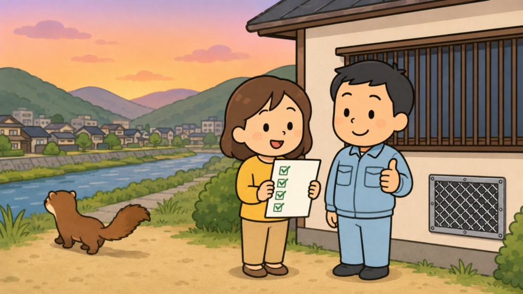 夕方の空と盆地の山並み、川沿いの町並みを背景に、金網で封鎖された換気口のある家の前でチェックリストを確認する黄色い服の住民と親指を立てる水色の作業服の作業員、川沿いへ帰っていくイタチを描いた、対処のまとめを表すいらすとや風イラスト